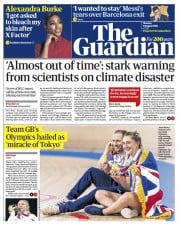 The Guardian () Newspaper Front Page for 9 August 2021