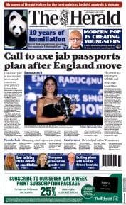 The Herald () Newspaper Front Page for 13 September 2021