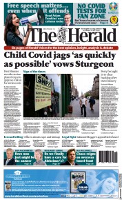 The Herald () Newspaper Front Page for 9 June 2021