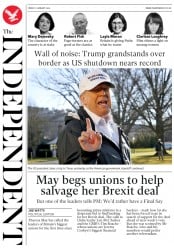 The Independent () Newspaper Front Page for 11 January 2019