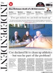 The Independent () Newspaper Front Page for 15 January 2016
