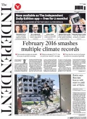 The Independent () Newspaper Front Page for 15 March 2016