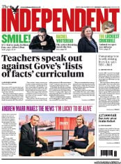 The Independent () Newspaper Front Page for 15 April 2013