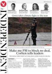 The Independent () Newspaper Front Page for 15 August 2019