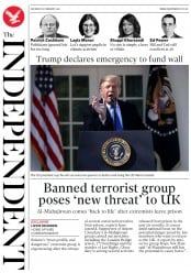 The Independent () Newspaper Front Page for 16 February 2019