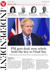 The Independent () Newspaper Front Page for 18 October 2019