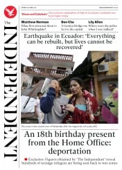 The Independent () Newspaper Front Page for 18 April 2016