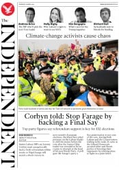 The Independent () Newspaper Front Page for 18 April 2019