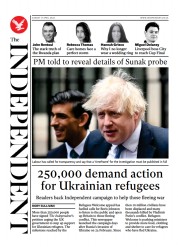 The Independent () Newspaper Front Page for 18 April 2022
