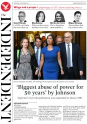 The Independent () Newspaper Front Page for 18 September 2019