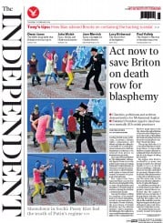 The Independent () Newspaper Front Page for 20 February 2014