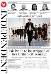 The Independent () Newspaper Front Page for 20 February 2019
