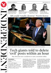 The Independent () Newspaper Front Page for 20 September 2017