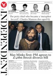The Independent () Newspaper Front Page for 21 November 2017