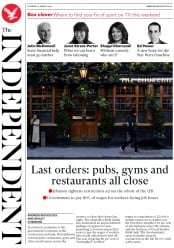 The Independent () Newspaper Front Page for 21 March 2020