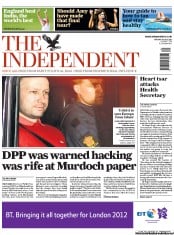 The Independent () Newspaper Front Page for 26 July 2011