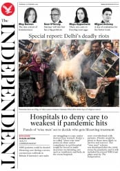 The Independent () Newspaper Front Page for 27 February 2020