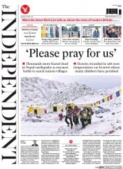 The Independent () Newspaper Front Page for 27 April 2015