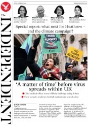 The Independent () Newspaper Front Page for 28 February 2020