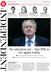 The Independent () Newspaper Front Page for 29 October 2019