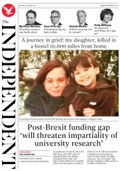 The Independent () Newspaper Front Page for 29 August 2016
