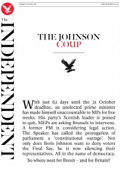 The Independent () Newspaper Front Page for 29 August 2019