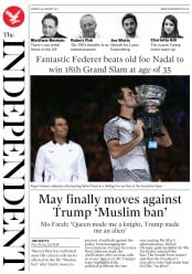 The Independent () Newspaper Front Page for 30 January 2017