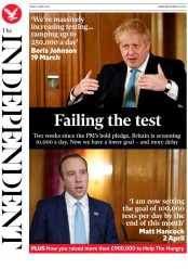 The Independent () Newspaper Front Page for 3 April 2020