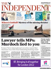 The Independent () Newspaper Front Page for 7 September 2011