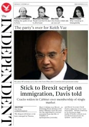 The Independent () Newspaper Front Page for 7 September 2016
