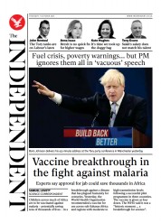 The Independent () Newspaper Front Page for 8 October 2021