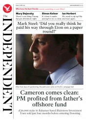 The Independent () Newspaper Front Page for 8 April 2016
