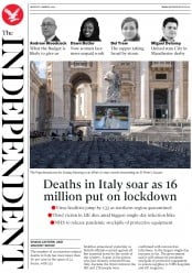 The Independent () Newspaper Front Page for 9 March 2020