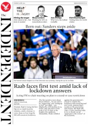 The Independent () Newspaper Front Page for 9 April 2020