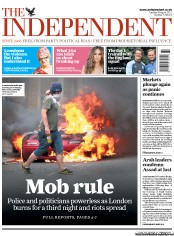 The Independent () Newspaper Front Page for 9 August 2011