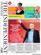 The Independent on Sunday () Newspaper Front Page for 13 September 2015
