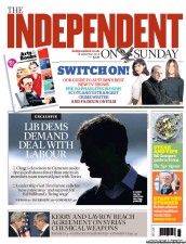 The Independent on Sunday () Newspaper Front Page for 15 September 2013