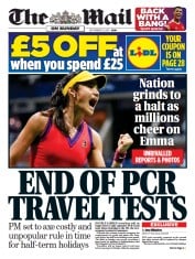 The Mail on Sunday () Newspaper Front Page for 12 September 2021