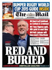 The Mail on Sunday () Newspaper Front Page for 13 September 2015