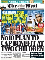 The Mail on Sunday () Newspaper Front Page for 15 December 2013