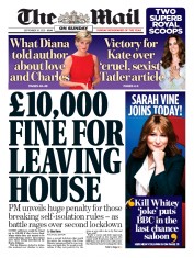 The Mail on Sunday () Newspaper Front Page for 20 September 2020