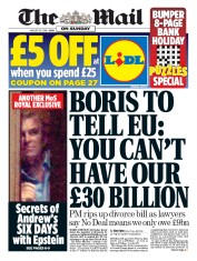 The Mail on Sunday () Newspaper Front Page for 25 August 2019