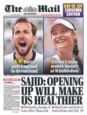 The Mail on Sunday () Newspaper Front Page for 4 July 2021
