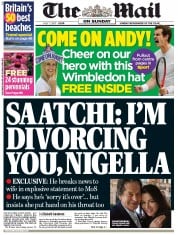 The Mail on Sunday () Newspaper Front Page for 7 July 2013