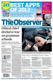 The Observer () Newspaper Front Page for 15 December 2013