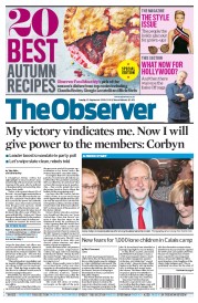 The Observer () Newspaper Front Page for 25 September 2016