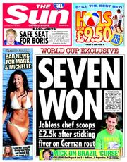 The Sun () Newspaper Front Page for 10 July 2014