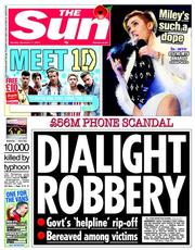 The Sun () Newspaper Front Page for 11 November 2013