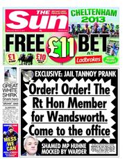 The Sun () Newspaper Front Page for 13 March 2013