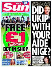 The Sun () Newspaper Front Page for 13 March 2014